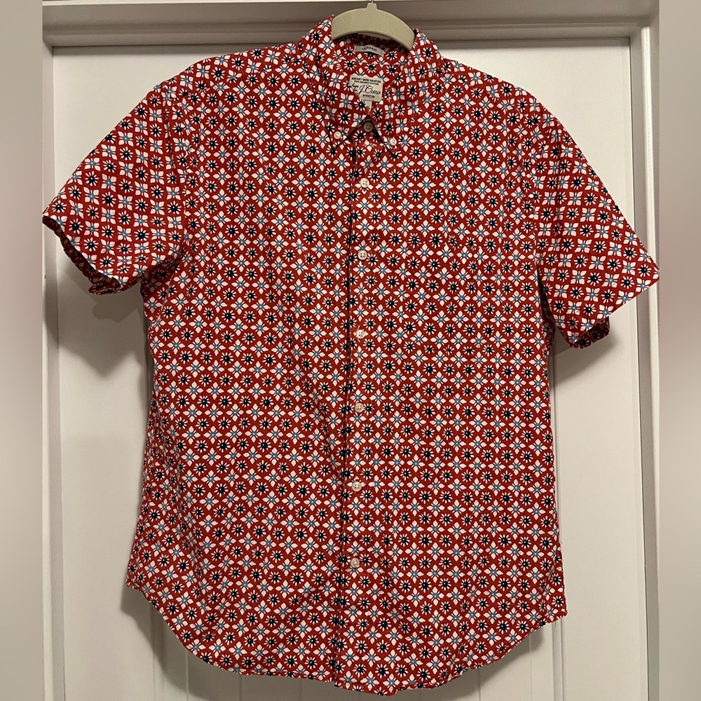 J.Crew Organic Cotton Red Floral Geometric Short Sleeve Button Up Shirt Men’s L